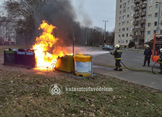 Műanyaggyűjtő konténert oltottak az utcán
